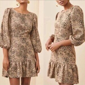Maeve Anthropologie Leopard Print Dress Open Tie Back Puff Sleeve Ruffle Flounce